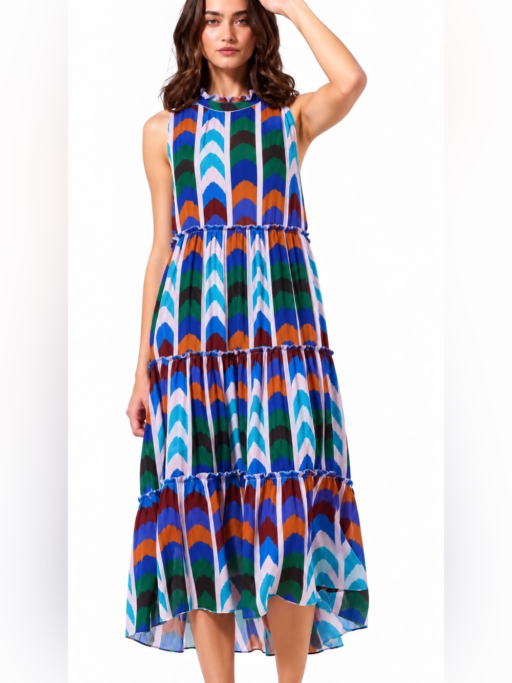 Oliphant sleeveless tiered midi dress, small